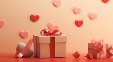 AI generated 3D gift box on a sweet pink background with heart-shaped decoration. photo