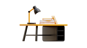 a desk with books and a lamp on it png