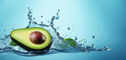 AI generated Avocado with water splash on blue background. Beauty and cosmetics concept. photo