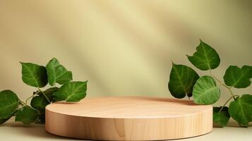 AI generated Slice of wooden podium with green leaves on beige background. photo