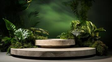 AI generated Display podium for product presentation with green plants. photo