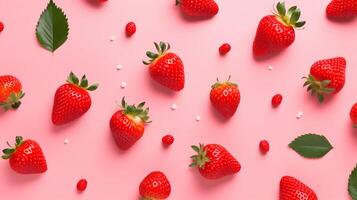 AI generated Strawberry pattern on pink background. photo