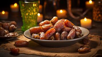 AI generated Dates fruit in bowl on wooden table. photo