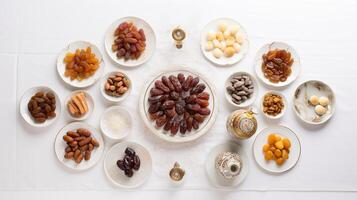 AI generated Top view of various dried fruits and nuts in ceramic plates on white background. photo