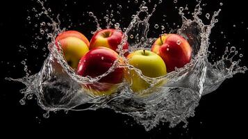 AI generated Water splash with red and green apples, isolated on black background. photo