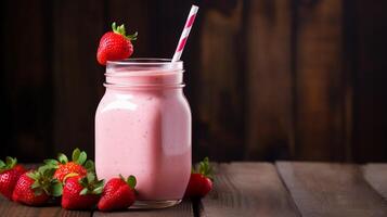 AI generated Milkshake with strawberries in a glass jar on a wooden background. photo