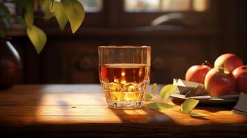 AI generated Glass of apple water on a wooden table with apples and a napkin. photo