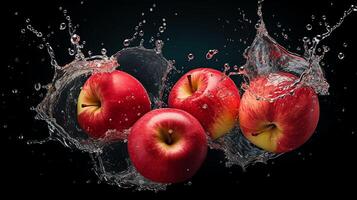 AI generated Fresh red apples falling into water with splash, isolated on black background photo