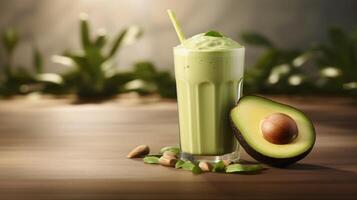 AI generated Avocado smoothie with ingredients on wooden table. Healthy food concept. photo