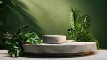 AI generated Minimalist abstract background with marble podium and tropical plants. photo