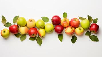 ai generado rojo y verde manzanas arreglado en un blanco antecedentes. foto