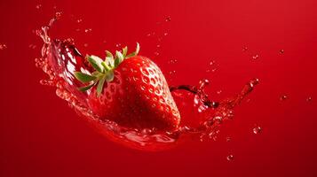 AI generated Strawberry splashing into water on a red background with copy space for text. photo