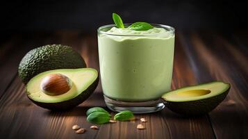 AI generated Avocado smoothie with ingredients on wooden background. Healthy food concept. photo