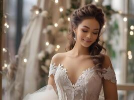 AI generated beautiful woman in off-the-shoulder wedding dress photo