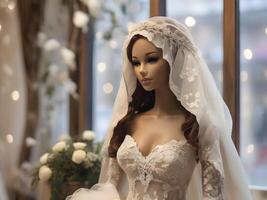 AI generated mannequin in delicate white lace wedding dress photo
