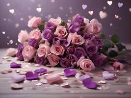 ai generado ramo de flores de púrpura y rosado rosas y papel picado foto