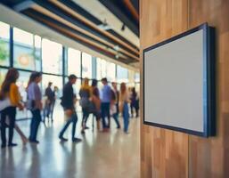 AI generated signage at a hall corridor with passing people in the background photo