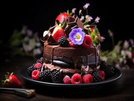 AI generated Cake chocolate strawberry, berries and fresh fruit on table. photo