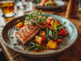 AI generated Fish salmon steak with vegetables on the dish. photo