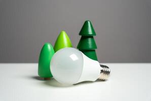 Energy saving light bulb surrounded by forest trees. Harmonious blend of sustainability and nature, showcasing the positive impact of energy-efficient choices on the environment. photo