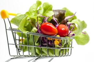 Vegetables in the shopping cart on white background photo