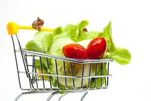 Fresh vegetables in the shopping cart on white background photo