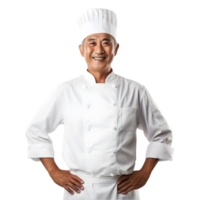 ai généré de bonne humeur mature asiatique cuisinier homme posant et souriant à caméra, chef dans un tablier png format sur transparent Contexte fictif personne, ai génératif