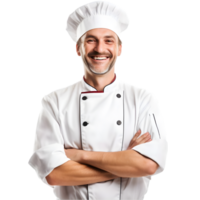 ai généré de bonne humeur mature cuisinier posant et souriant à caméra, chef dans un tablier png format sur transparent Contexte fictif personne, ai génératif