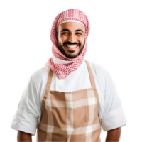 ai généré de bonne humeur mature arabe cuisinier posant et souriant à caméra, chef dans un tablier png format sur transparent Contexte