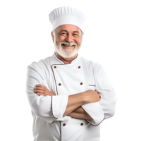 AI generated Cheerful mature cook posing and smiling at camera, chef in an apron png format on transparent background