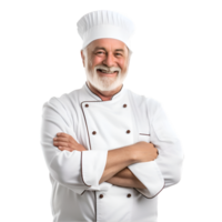 ai généré de bonne humeur mature cuisinier posant et souriant à caméra, chef dans un tablier png format sur transparent Contexte