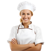 AI generated Cheerful mature cook woman posing and smiling at camera, chef in an apron png format on transparent background Fictional Person, Ai Generative