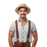 AI generated Cheerful mature farmer man posing and smiling at camera, worker in an hat png format on transparent background