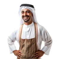 AI generated Cheerful mature Arab cook posing and smiling at camera, chef in an apron png format on transparent background