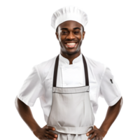 ai généré de bonne humeur mature afro américain cuisinier homme posant et souriant à caméra, chef dans un tablier png format sur transparent Contexte fictif personne, ai génératif