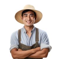 ai généré de bonne humeur mature asiatique agriculteur homme posant et souriant à caméra, ouvrier dans un chapeau png format sur transparent Contexte