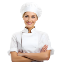 AI generated Cheerful mature cook woman posing and smiling at camera, chef in an apron png format on transparent background Fictional Person, Ai Generative