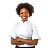 ai generado alegre maduro afro americano cocinar mujer posando y sonriente a cámara, cocinero en un delantal png formato en transparente antecedentes ficticio persona, ai generativo