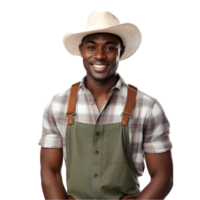 ai generiert heiter reifen afro amerikanisch Farmer Mann posieren und lächelnd beim Kamera, Arbeiter im ein Hut png Format auf transparent Hintergrund