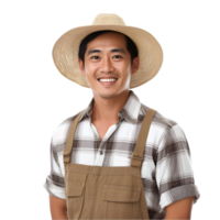 ai généré de bonne humeur mature asiatique agriculteur homme posant et souriant à caméra, ouvrier dans un chapeau png format sur transparent Contexte