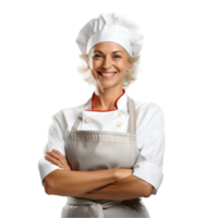 ai généré de bonne humeur mature cuisinier femme posant et souriant à caméra, chef dans un tablier png format sur transparent Contexte