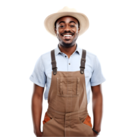 ai gegenereerd vrolijk volwassen afro Amerikaans boer Mens poseren en glimlachen Bij camera, arbeider in een hoed PNG formaat Aan transparant achtergrond