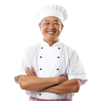 ai généré de bonne humeur mature asiatique cuisinier homme posant et souriant à caméra, chef dans un tablier png format sur transparent Contexte fictif personne, ai génératif