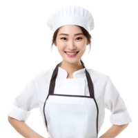 ai généré de bonne humeur mature asiatique cuisinier femme posant et souriant à caméra, chef dans un tablier png format sur transparent Contexte fictif personne, ai génératif