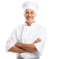 ai généré de bonne humeur mature cuisinier posant et souriant à caméra, chef dans un tablier png format sur transparent Contexte fictif personne, ai génératif