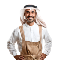 ai généré de bonne humeur mature arabe cuisinier posant et souriant à caméra, chef dans un tablier png format sur transparent Contexte