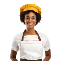 ai généré de bonne humeur mature afro américain cuisinier femme posant et souriant à caméra, chef dans un tablier png format sur transparent Contexte fictif personne, ai génératif