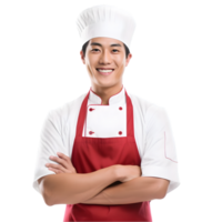 ai généré de bonne humeur mature asiatique cuisinier homme posant et souriant à caméra, chef dans un tablier png format sur transparent Contexte