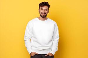 AI generated Young man wearing white sweatshirt mockup, at yellow background. Design pullover template, print presentation mock-up. AI generated. photo