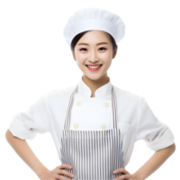 ai généré de bonne humeur mature asiatique cuisinier femme posant et souriant à caméra, chef dans un tablier png format sur transparent Contexte fictif personne, ai génératif